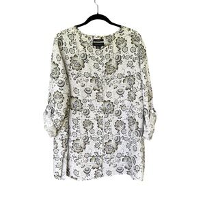Tahari 100% Linen Plus Size Neutral Tone Floral Roll Up Button‎ Sleeves Size 2X